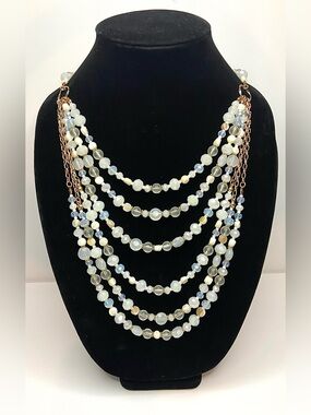 Multi-Strand Opalescent Beaded Statement Necklace - White/Gold